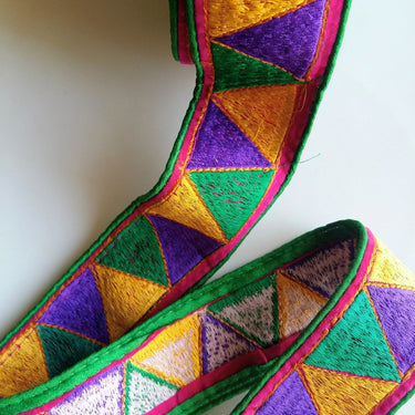 Green And Pink Fabric Trim With Green, Yellow And Purple Temple Border Embroidery Lace Trim, Approx. 50mm Wide - 200317L177